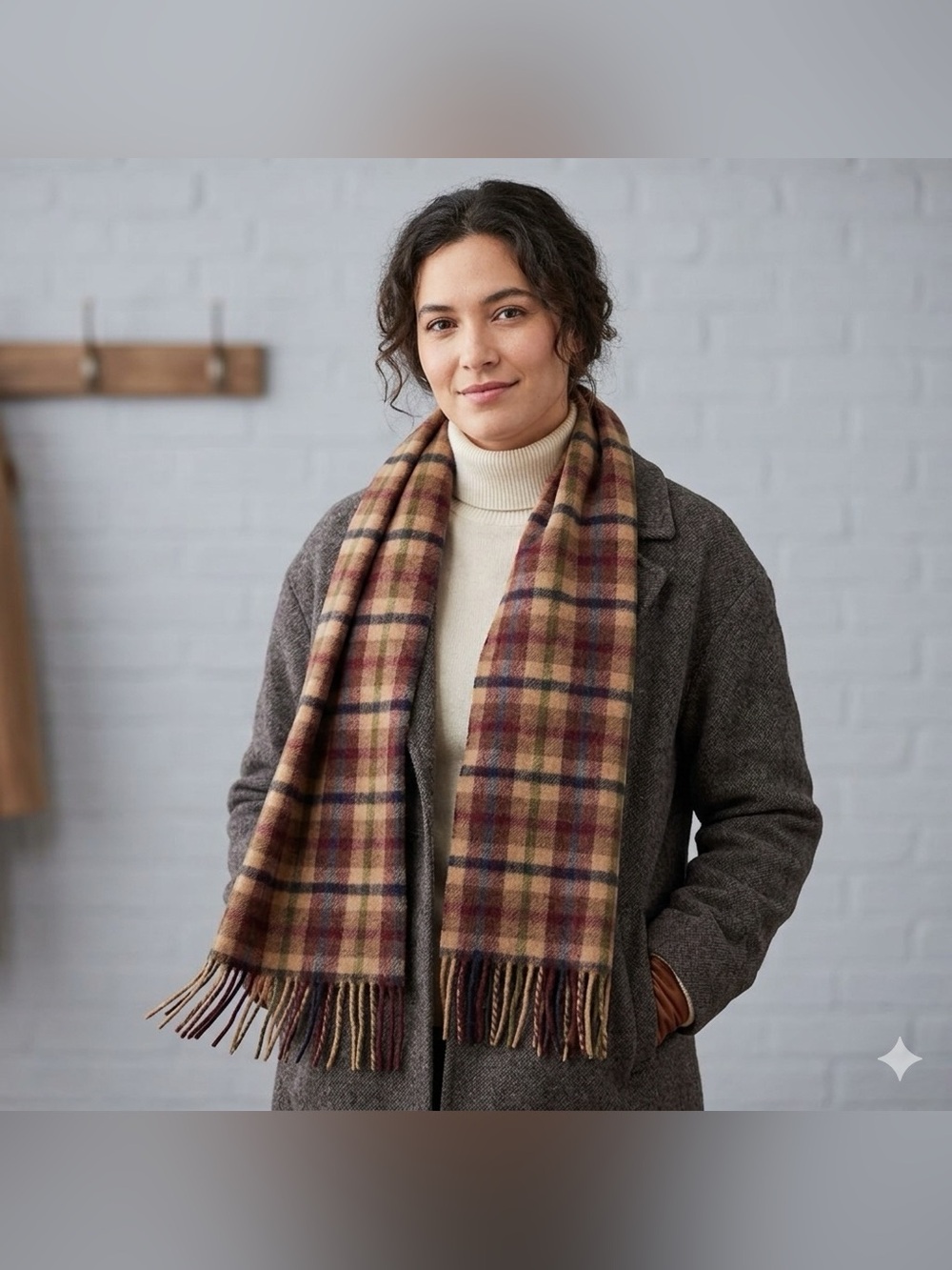 Brooks Brothers Baby Camel Hair Plaid Scarf Fringed Earth Tones Brown Maroon